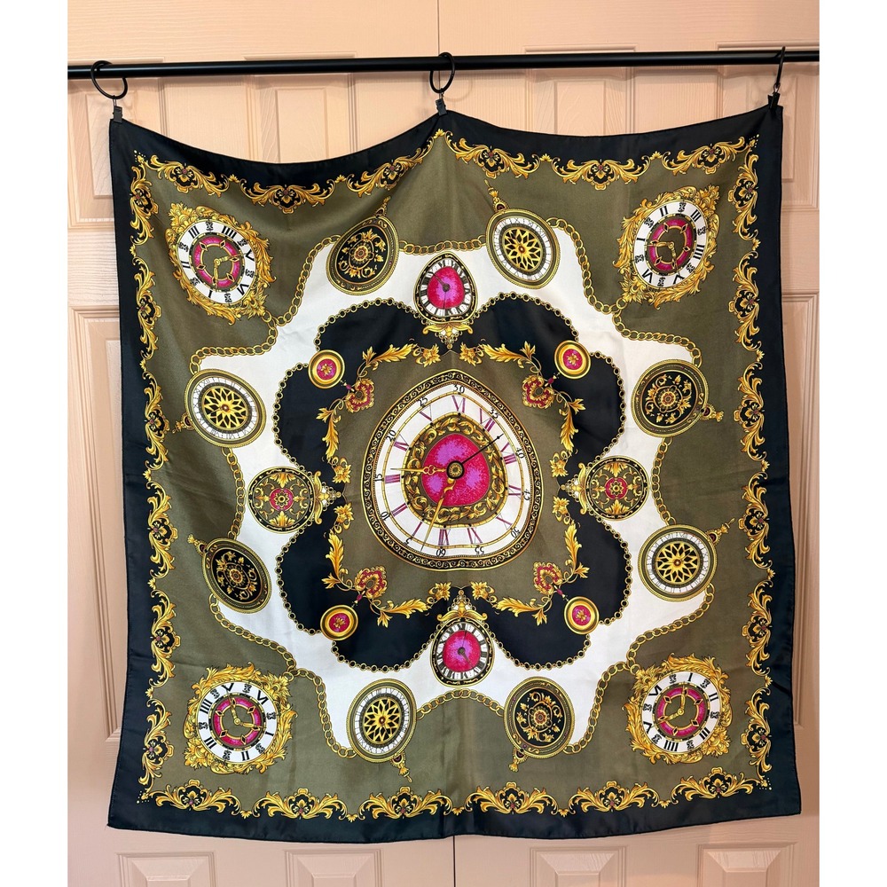 Vintage Baroque Pocket Watch Square Scarf 33x33 Clocks Steampunk Olive Gold Pink